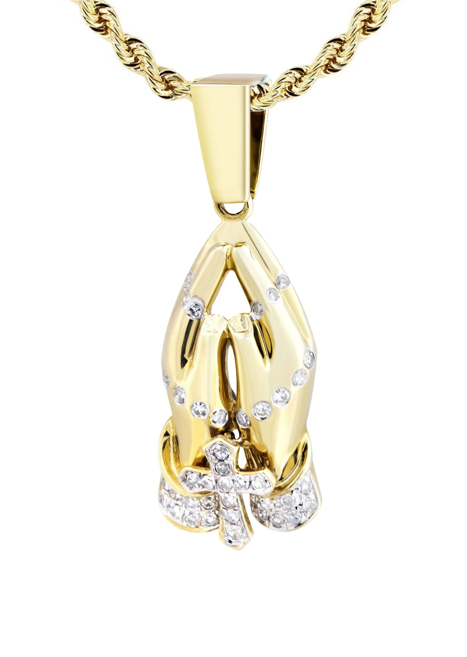 10K Yellow Gold Praying Hands Diamond Necklace  | 0.36 Carats