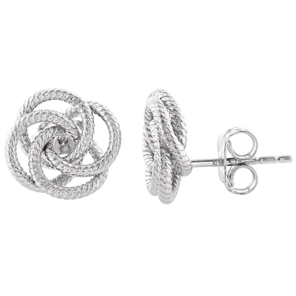 14K White Gold Twisted Love Knot Stud Rope Earrings, 11mm