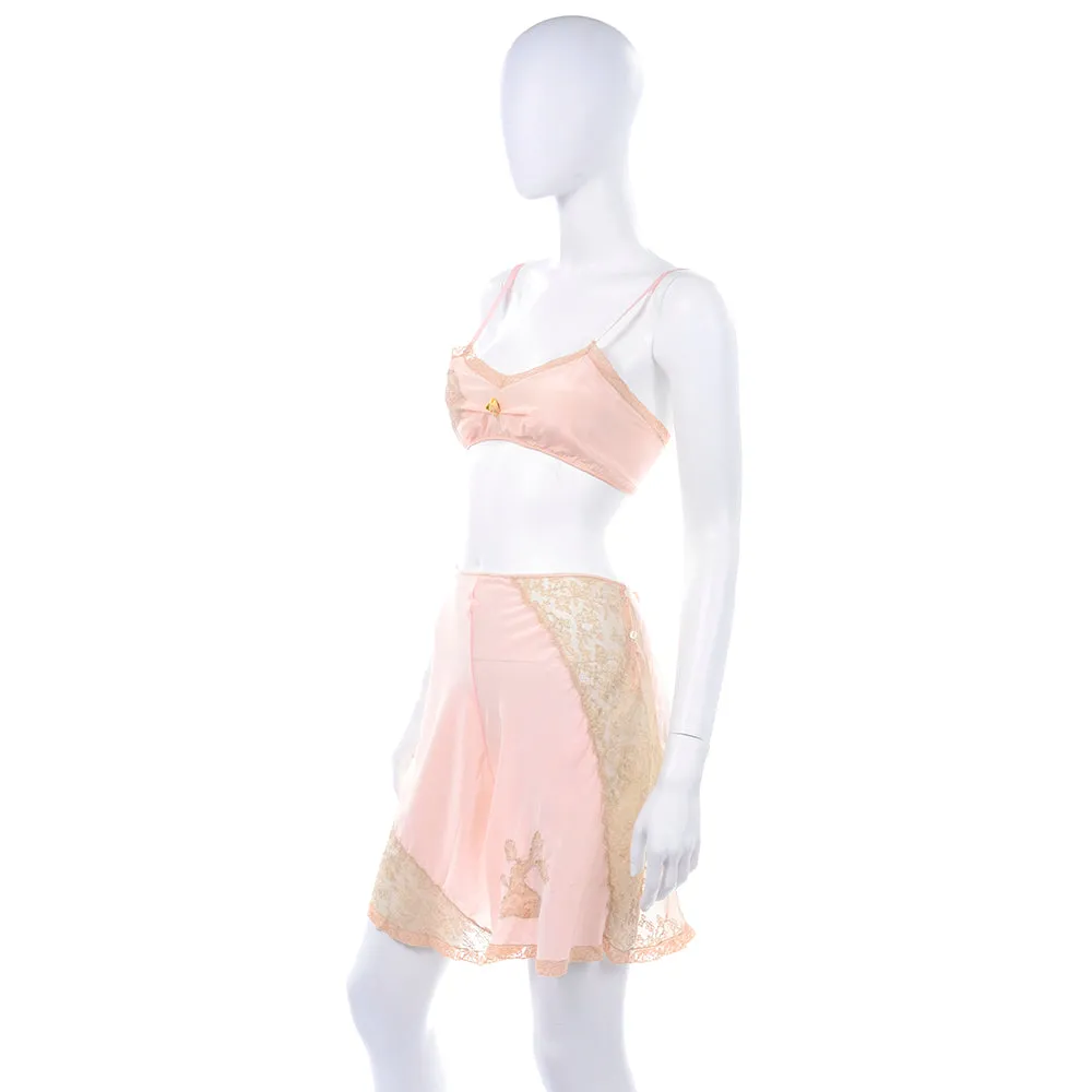 1930's Pink Silk Bra & Tap Pants Set w/ Lace Details