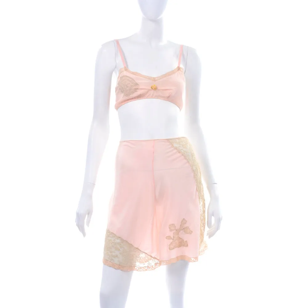 1930's Pink Silk Bra & Tap Pants Set w/ Lace Details