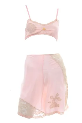 1930's Pink Silk Bra & Tap Pants Set w/ Lace Details