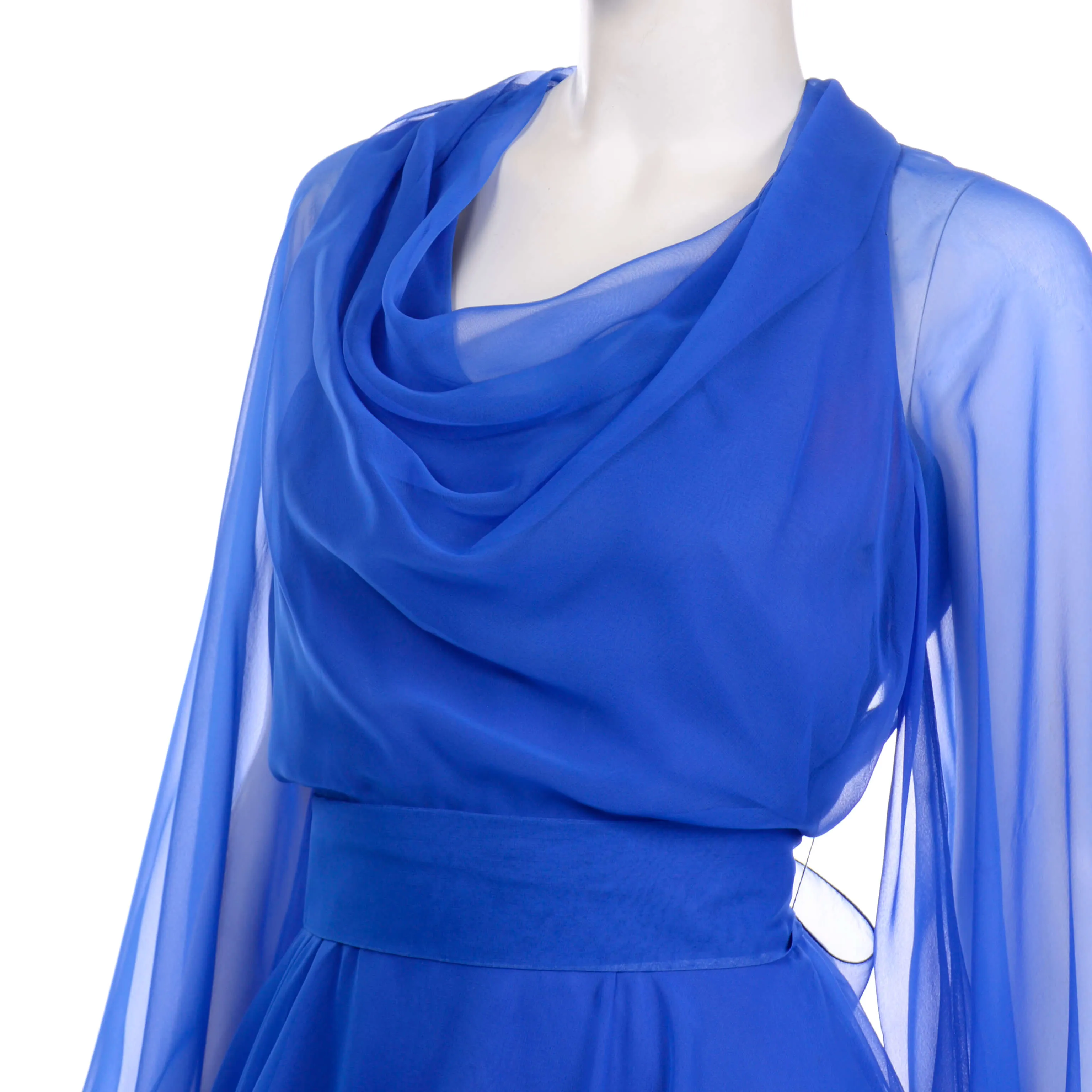 1970s Estevez Blue Chiffon Vintage Dress w/ Sheer Balloon Sleeves