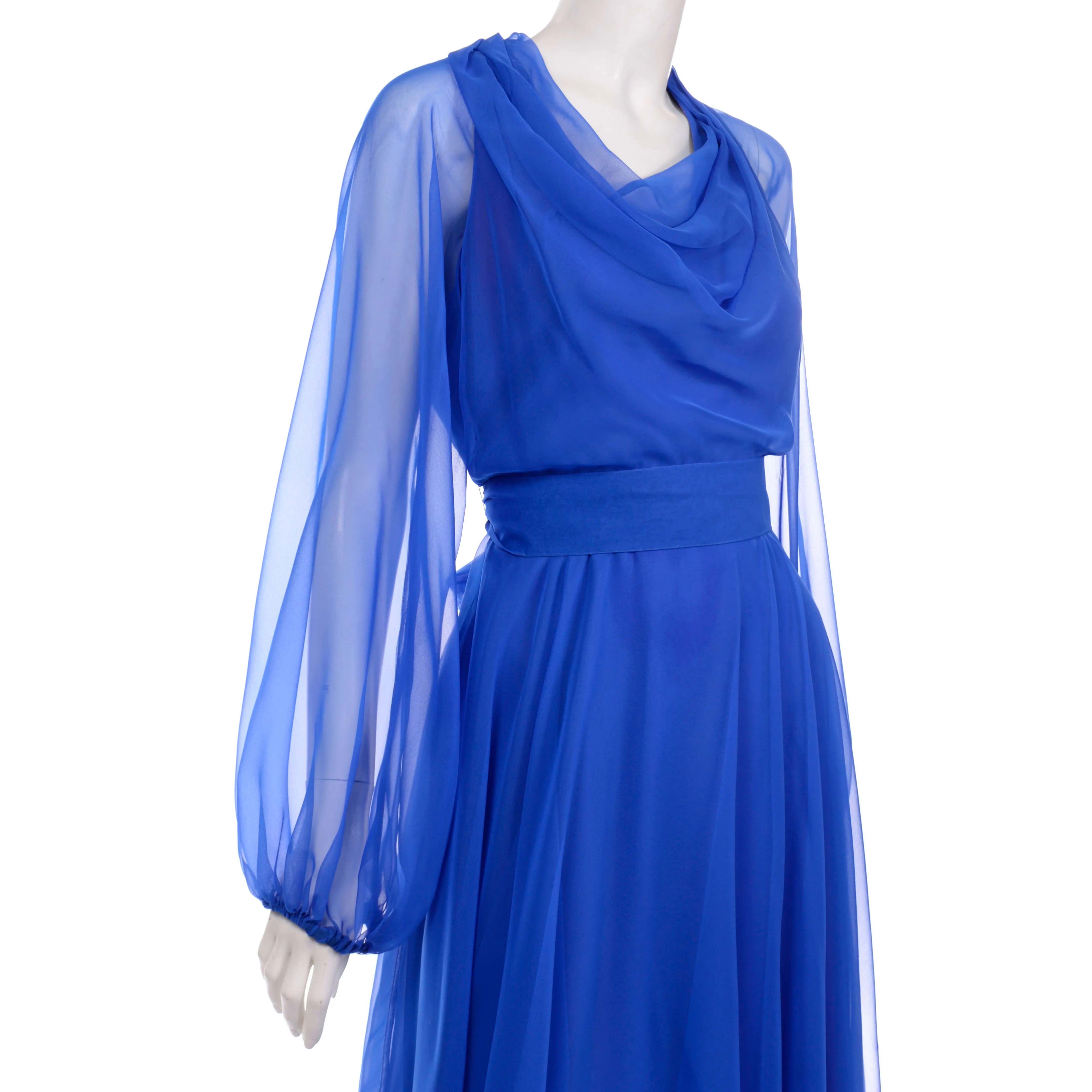 1970s Estevez Blue Chiffon Vintage Dress w/ Sheer Balloon Sleeves