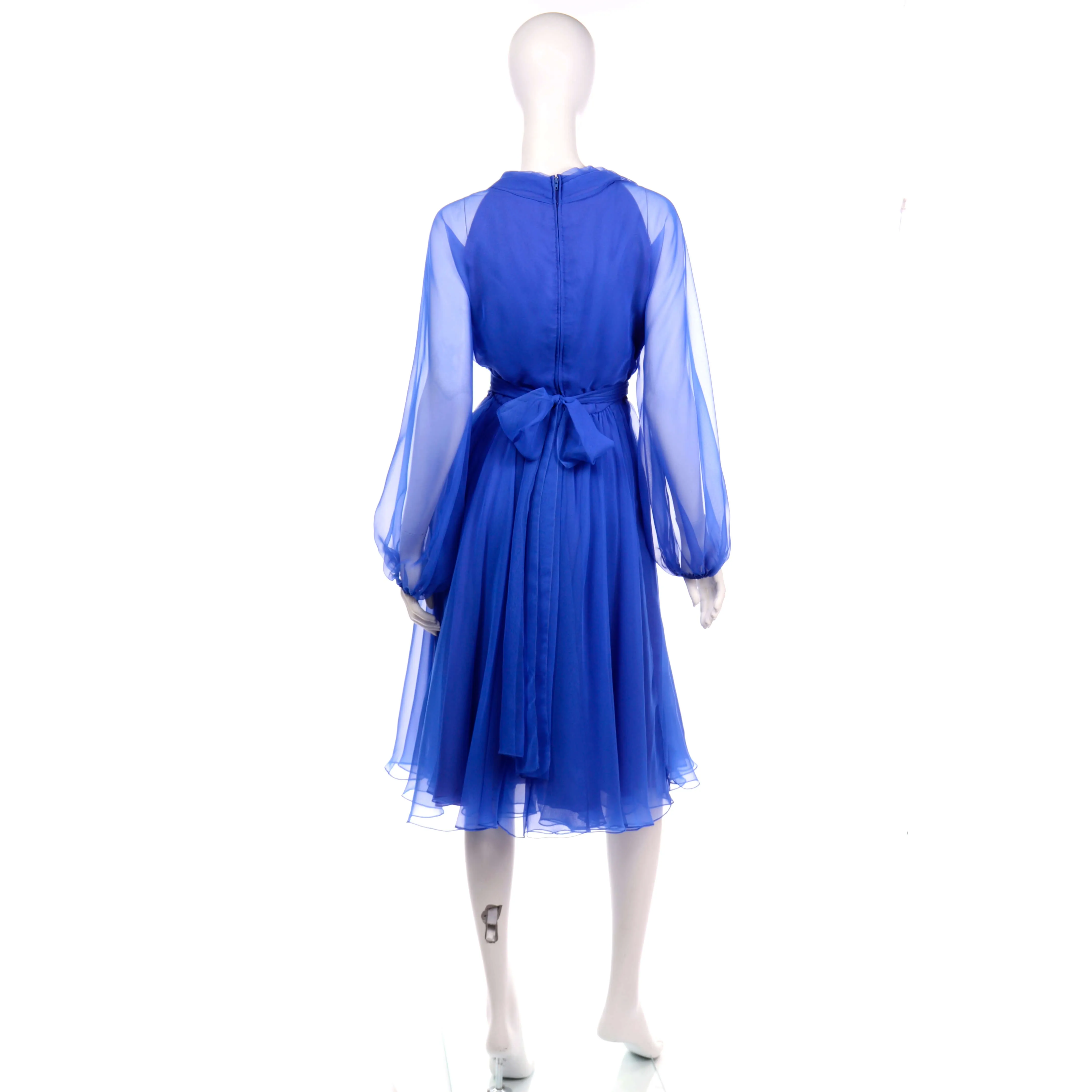 1970s Estevez Blue Chiffon Vintage Dress w/ Sheer Balloon Sleeves