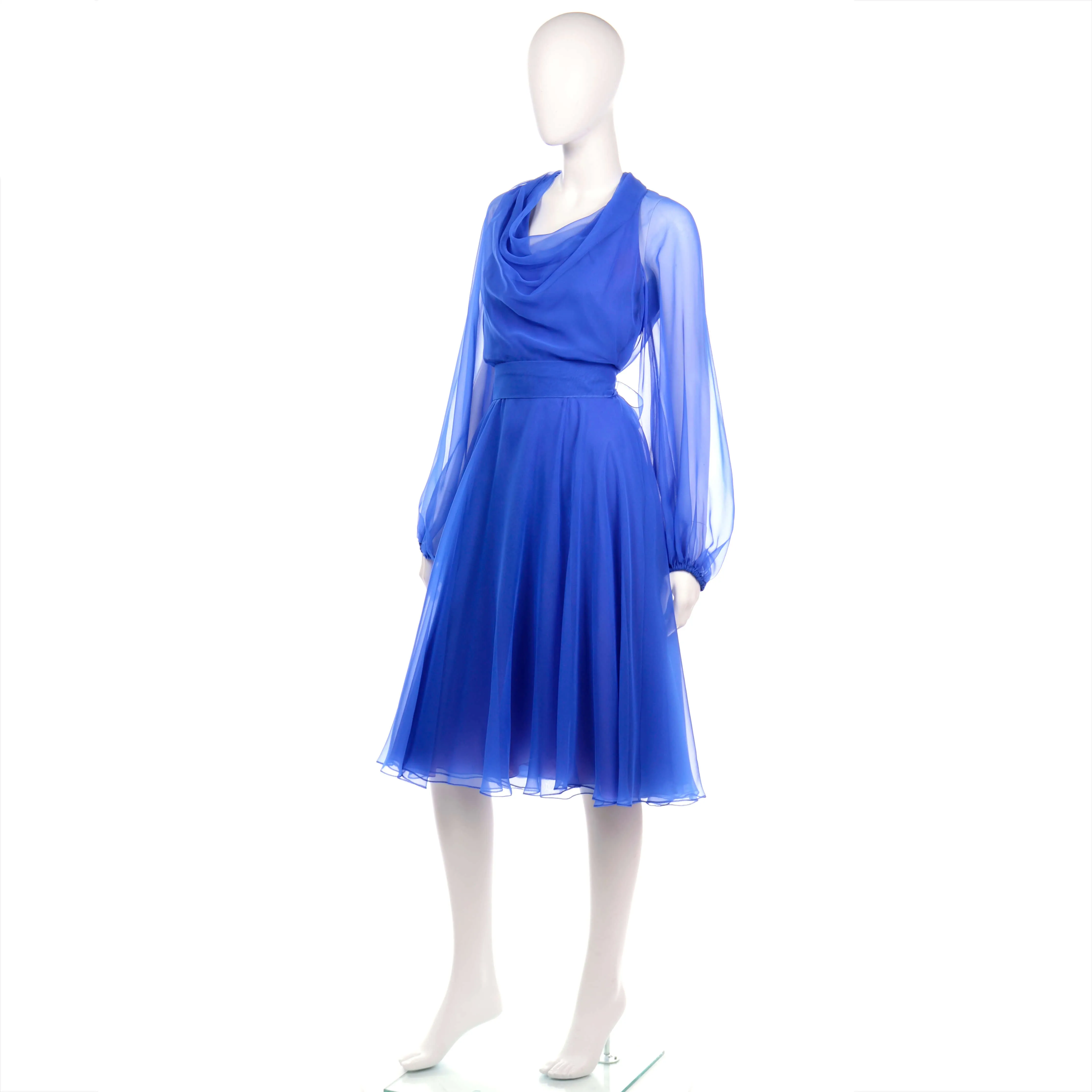 1970s Estevez Blue Chiffon Vintage Dress w/ Sheer Balloon Sleeves