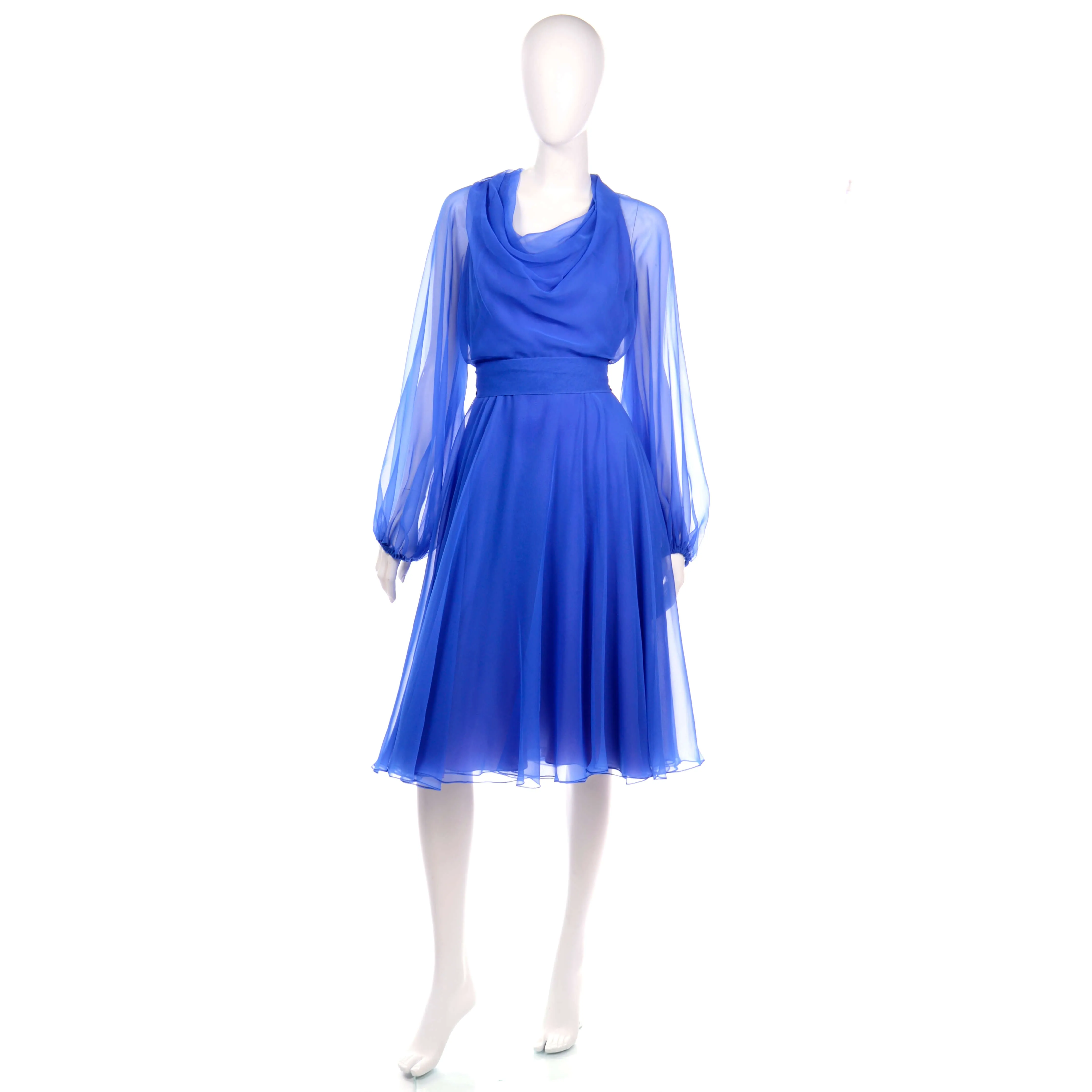 1970s Estevez Blue Chiffon Vintage Dress w/ Sheer Balloon Sleeves