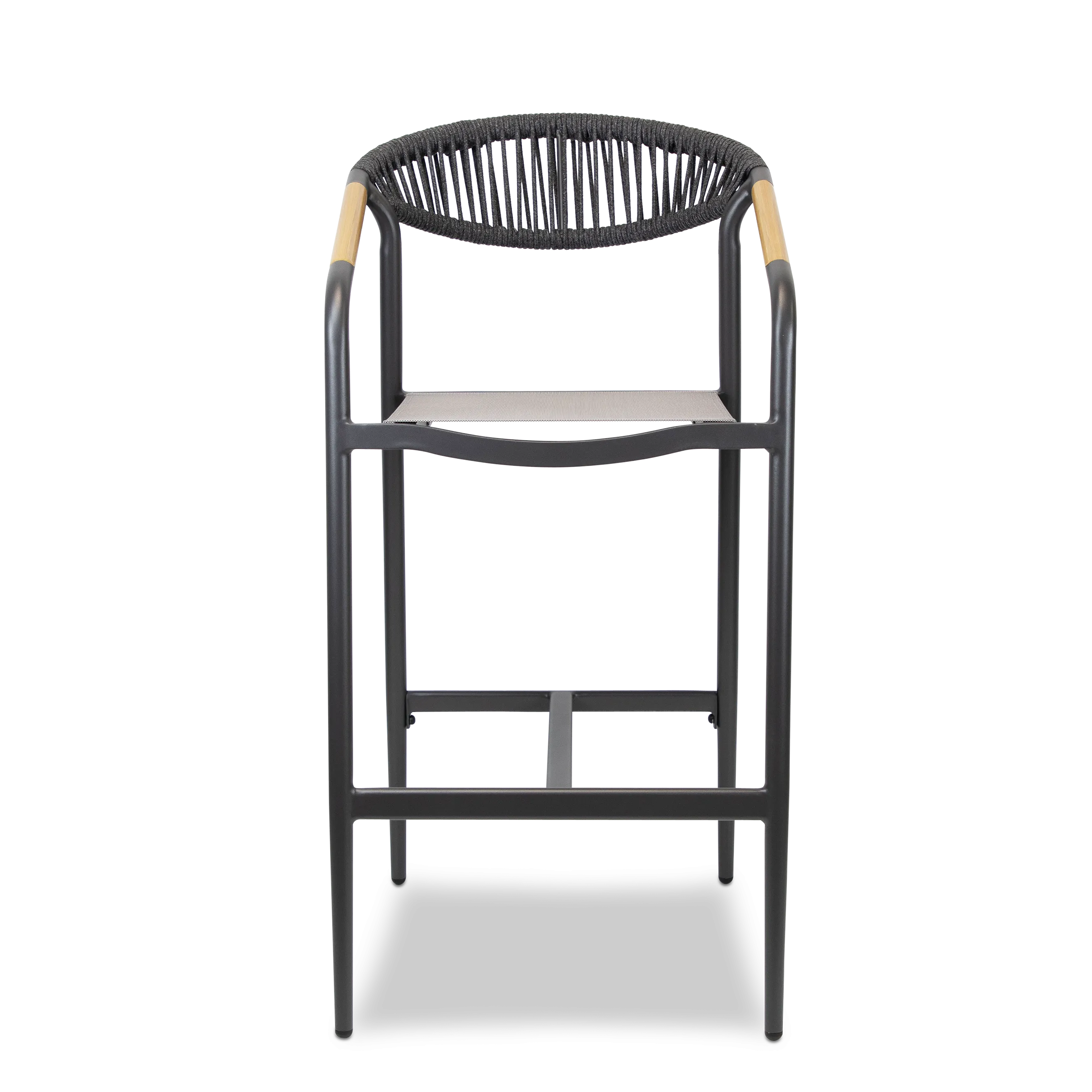 Amalfi Bar Stool in Gunmetal Aluminium Frame, Olefin Rope with Polywood Teak Accent and Charcoal Textilene