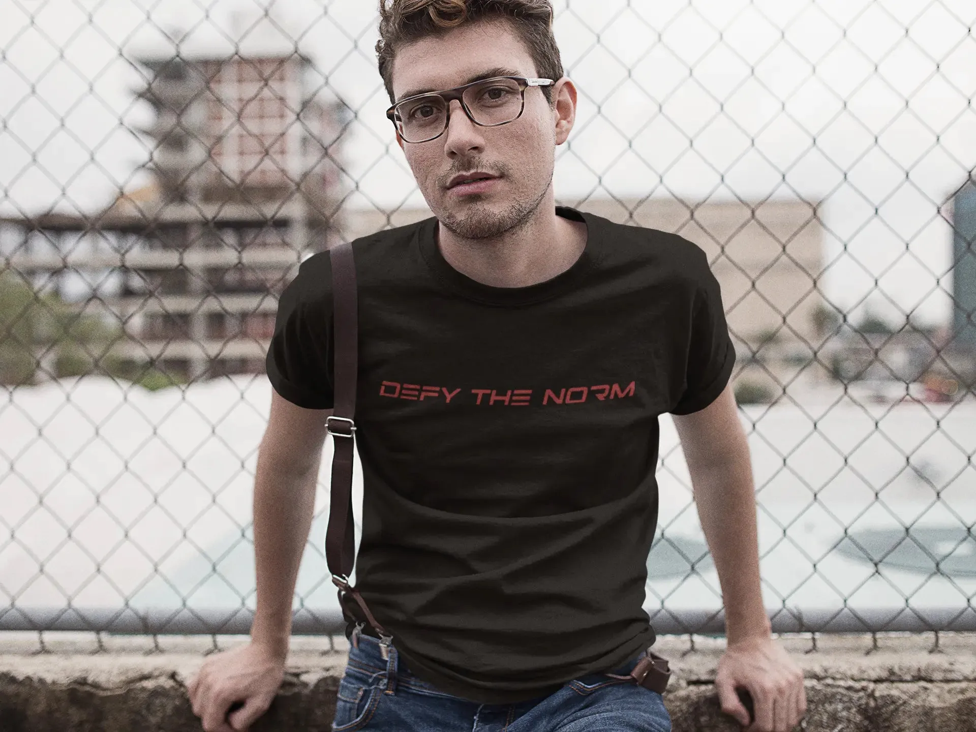 Defy the Norm Short Sleeve Staple T-Shirt - Black Tee with Red Text