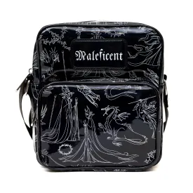 Disney Vegan Leather Cross Body Backpack with Adjustable Strap, Sleeping Beauty Villain Maleficent Poses Holographic Black/White