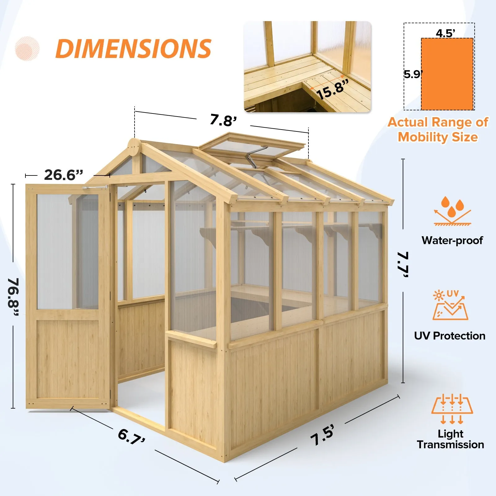 EAGLE PEAK 7.5x6.7x7.7 Wood and Polycarbonate Walk-in Greenhouse