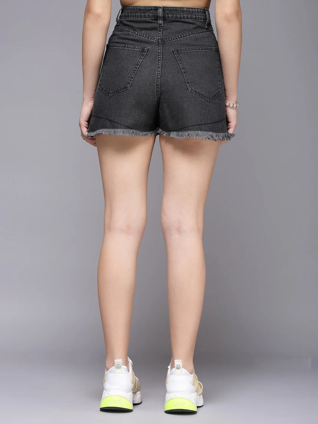 High-Rise Slim Fit Black Cotton Denim Shorts