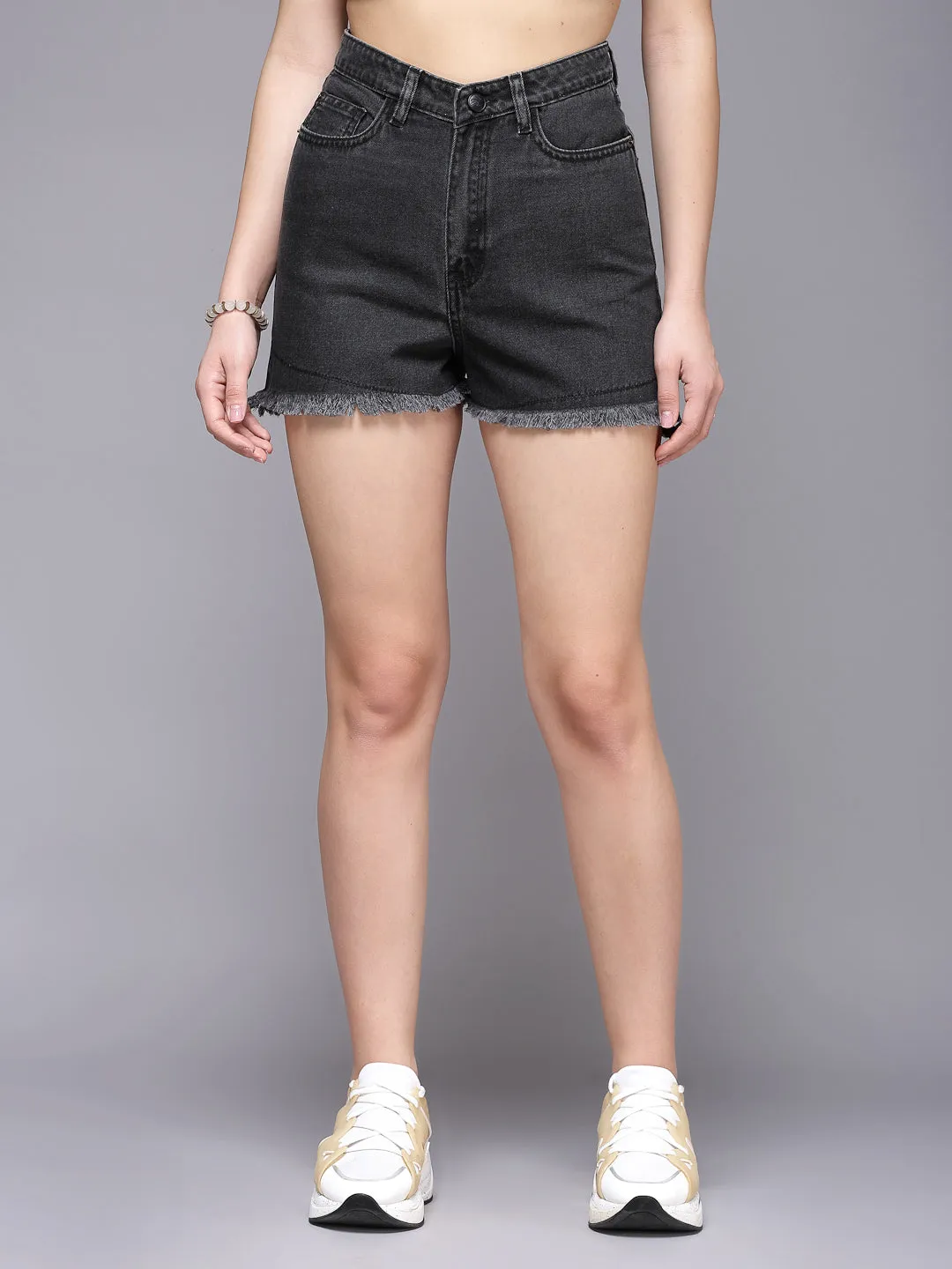 High-Rise Slim Fit Black Cotton Denim Shorts