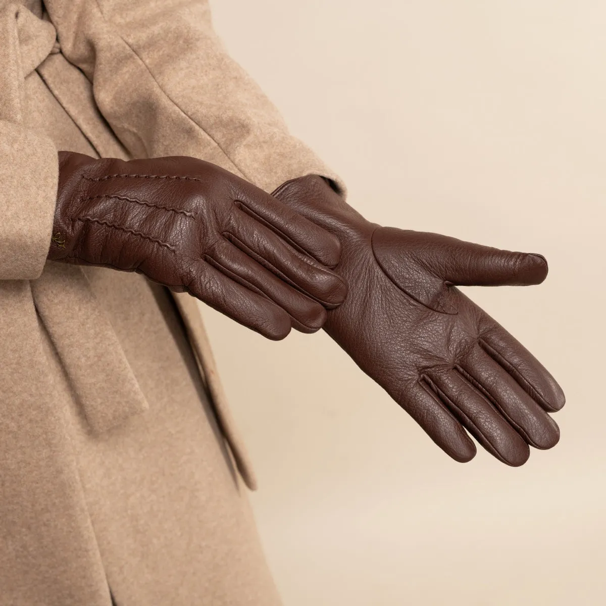 Julia (brown) - goatskin leather gloves with luxury faux fur lining & touchscreen feature