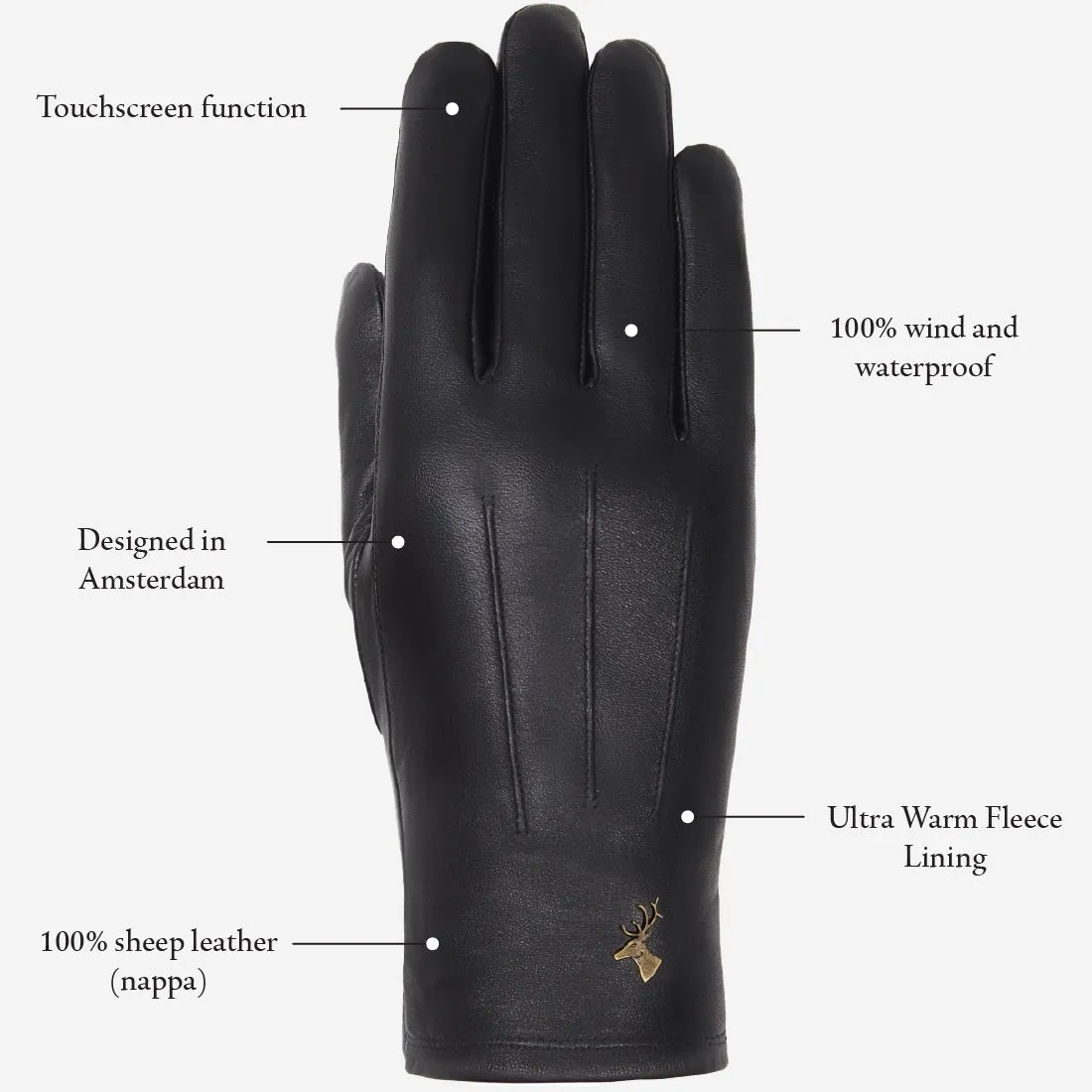 Lily (black) - sheepskin leather gloves with warm fleece lining & touchscreen feature