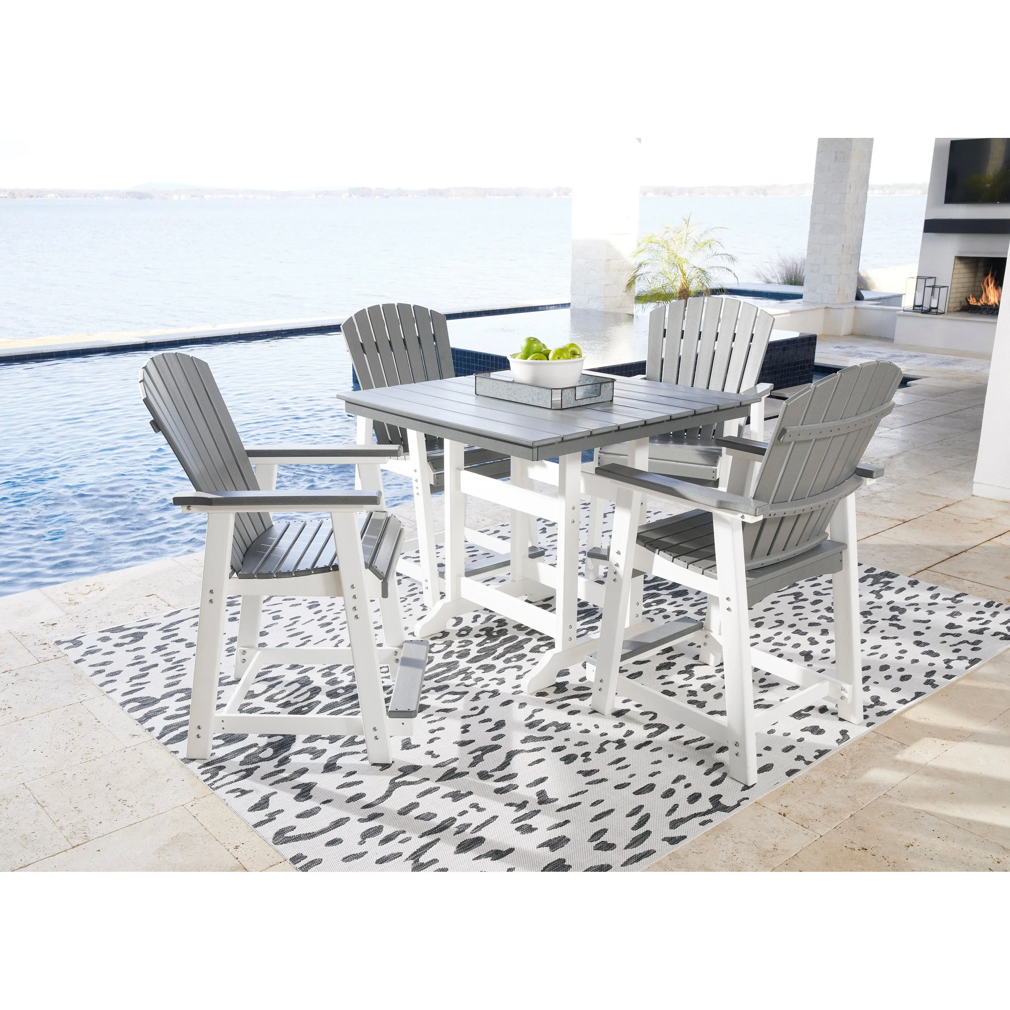 Poly Outdoor 5pc Dining Set in Grey & White Two Tone 42" Square Counter Height