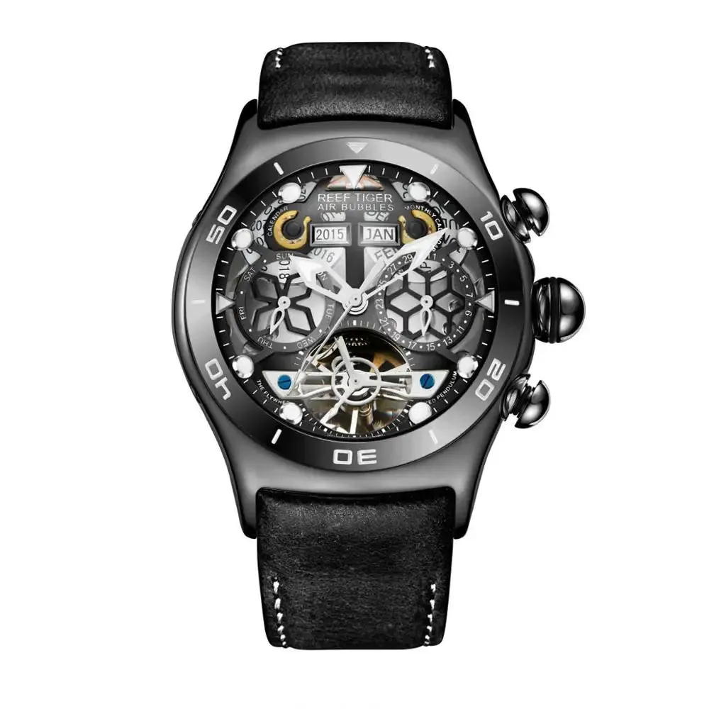 Reef Tiger/RT Mens Sport Watches Skeleton Tourbillon Watches with Year Month Calendar Automatic Watches RGA703