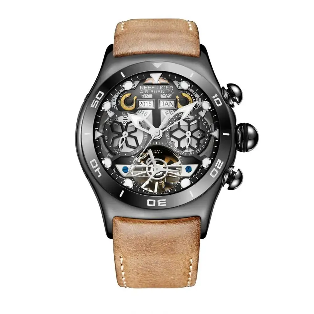 Reef Tiger/RT Mens Sport Watches Skeleton Tourbillon Watches with Year Month Calendar Automatic Watches RGA703