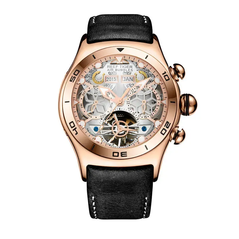 Reef Tiger/RT Mens Sport Watches Skeleton Tourbillon Watches with Year Month Calendar Automatic Watches RGA703