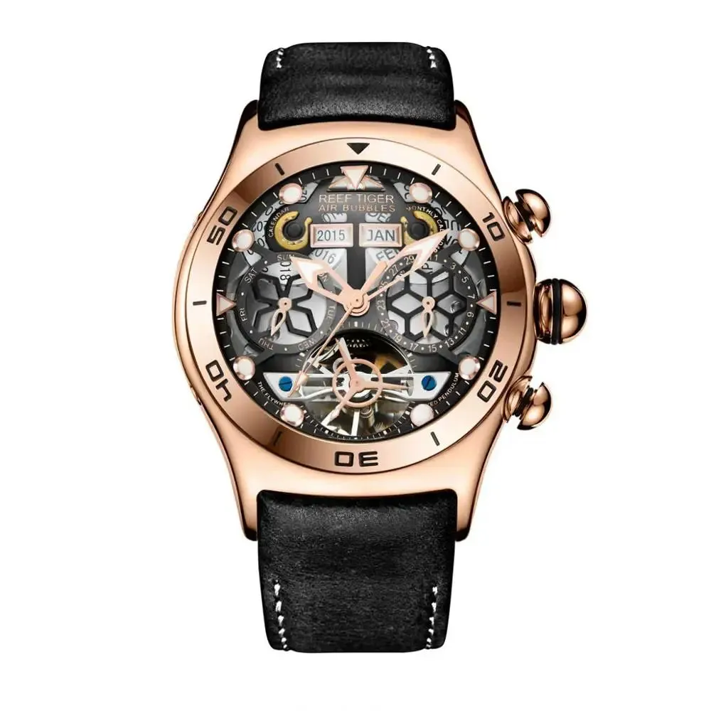 Reef Tiger/RT Mens Sport Watches Skeleton Tourbillon Watches with Year Month Calendar Automatic Watches RGA703