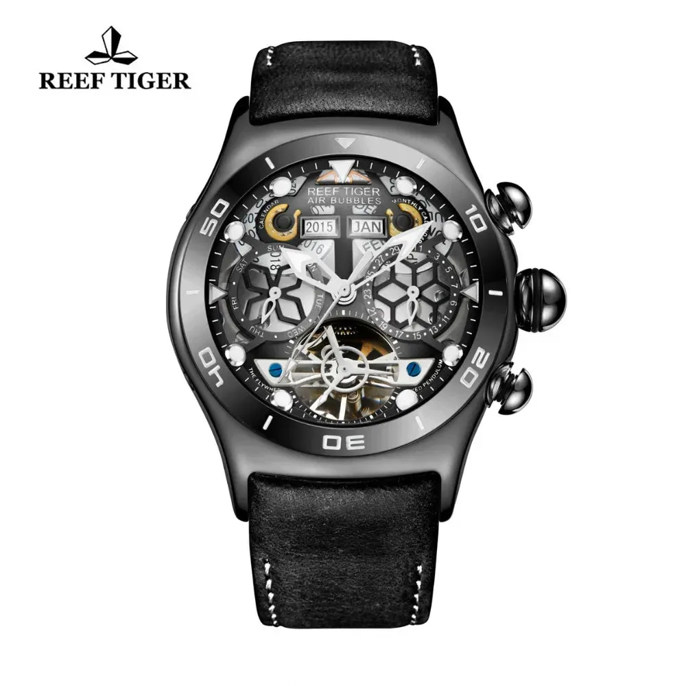 Reef Tiger/RT Mens Sport Watches Skeleton Tourbillon Watches with Year Month Calendar Automatic Watches RGA703