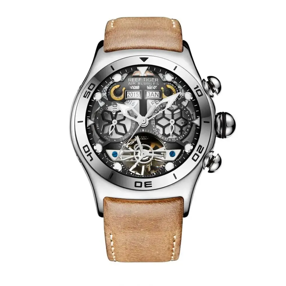 Reef Tiger/RT Mens Sport Watches Skeleton Tourbillon Watches with Year Month Calendar Automatic Watches RGA703