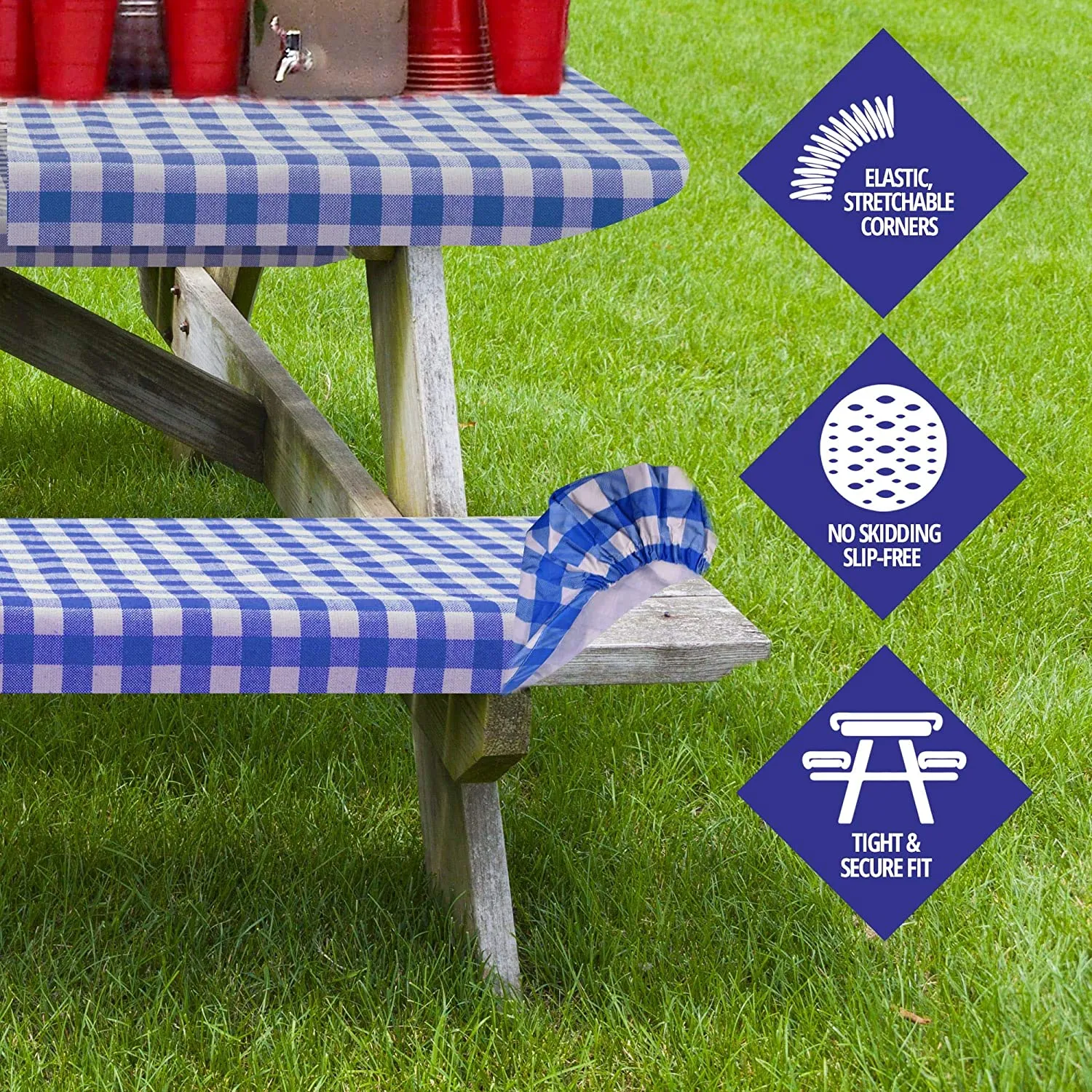 Sorfey Vinyl Picnic Table and Bench Fitted Tablecloth Cover, Checkered Design, Flannel Backed Lining, 28 X 72 Inch, 3-Piece Set, Blue