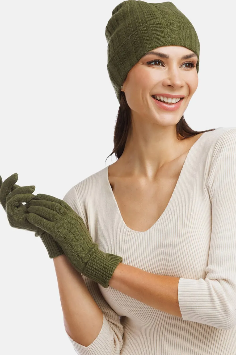 Women's 2pc 100% Pure Cashmere Cable Knit Hat & Glove Set with Gift Box