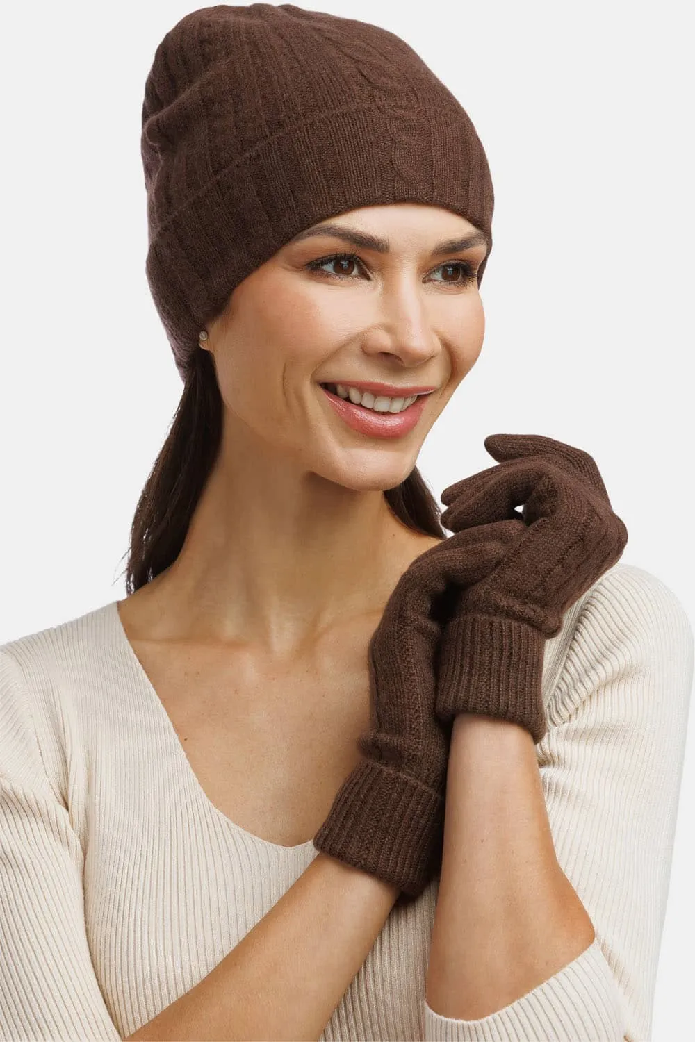 Women's 2pc 100% Pure Cashmere Cable Knit Hat & Glove Set with Gift Box