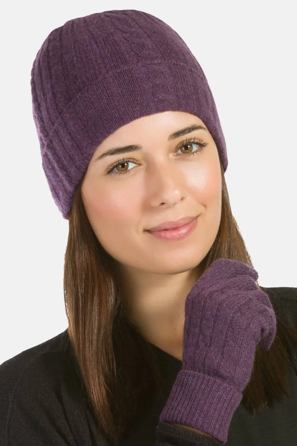 Women's 2pc 100% Pure Cashmere Cable Knit Hat & Glove Set with Gift Box