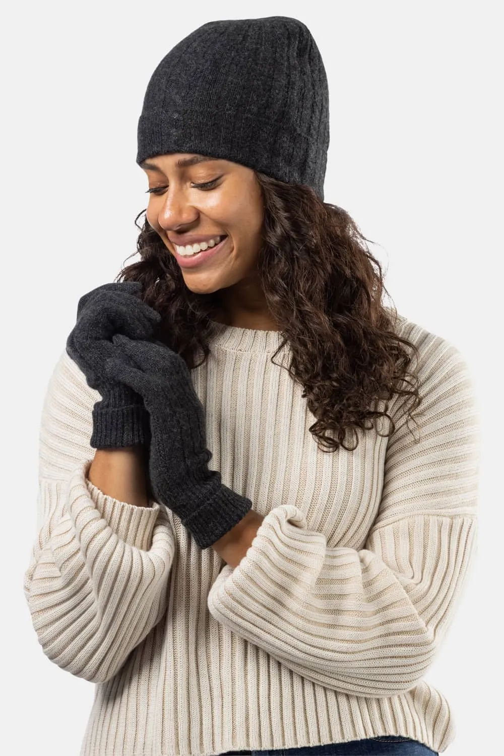 Women's 2pc 100% Pure Cashmere Cable Knit Hat & Glove Set with Gift Box