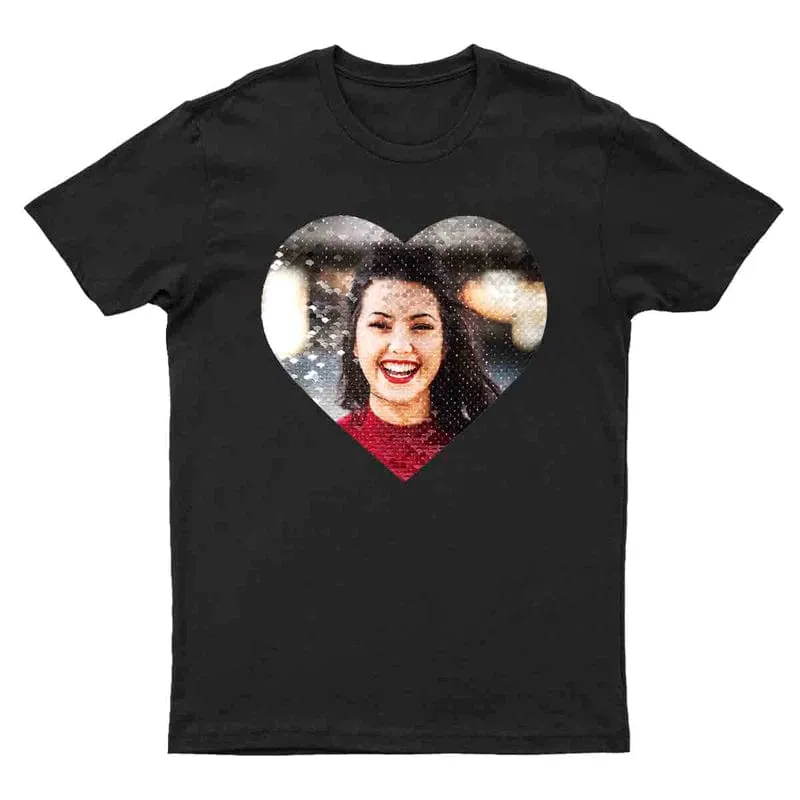 #XS-4XL-Custom Photo or Text Classic Unisex Cotton T-shirt DIY Heart Sequin Tee For Men and Women